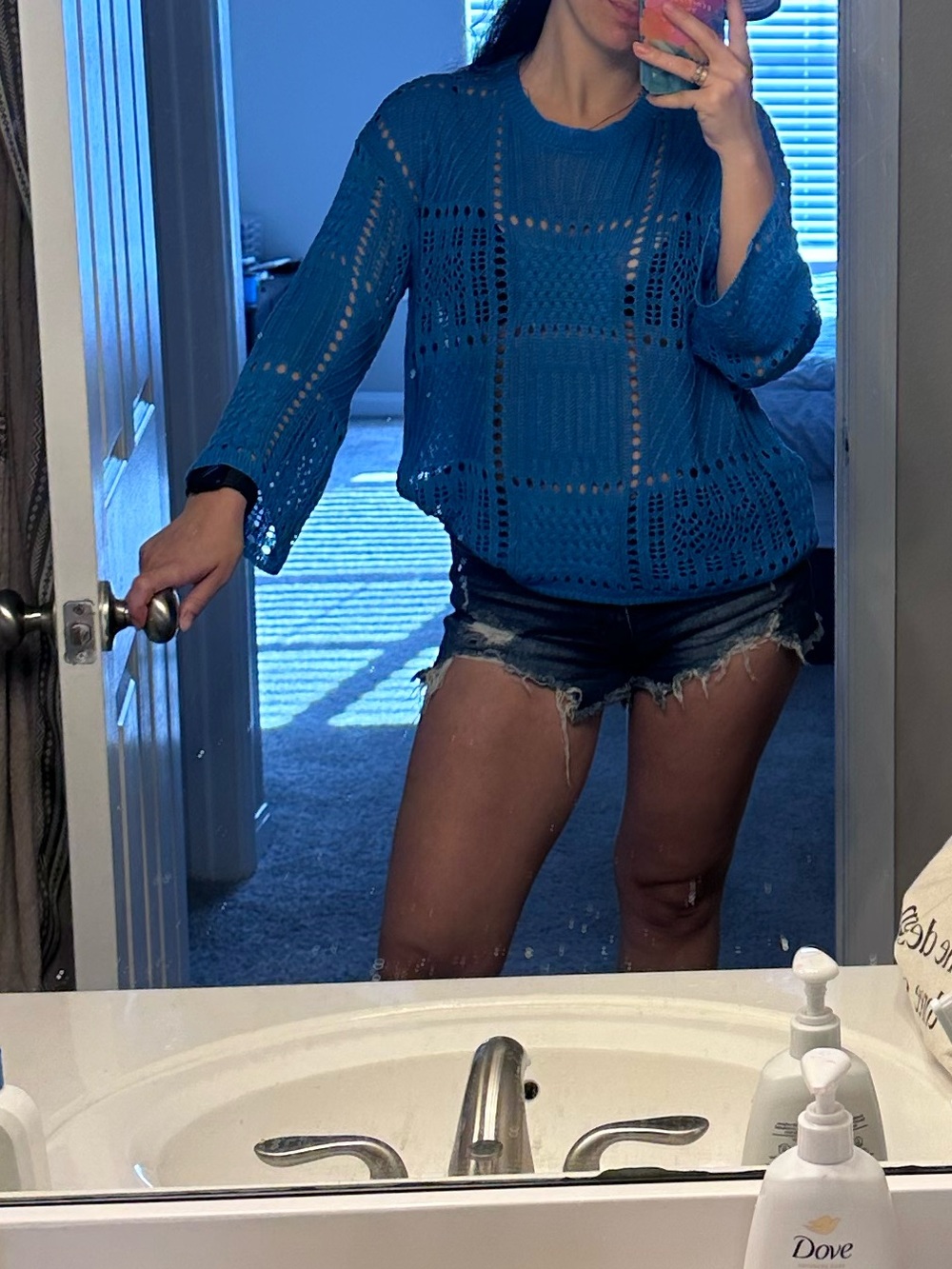 Blue Crochet Open-Knit Sweater Top